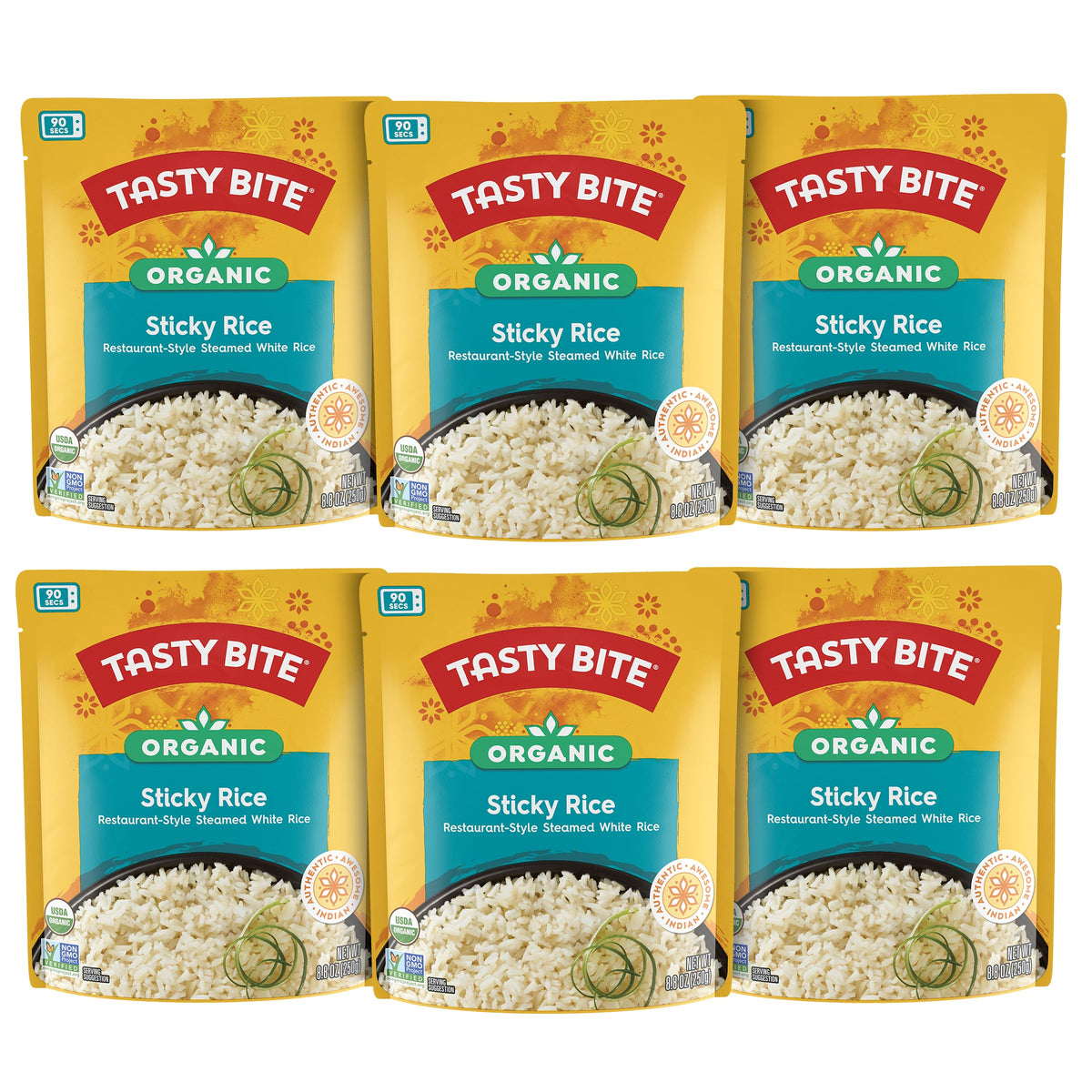 Tasty Bite Organic Sticky Rice six-pack packaging for quick meal prep and easy serving.