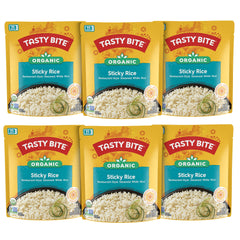 Tasty Bite Organic Sticky Rice six-pack packaging for quick meal prep and easy serving.