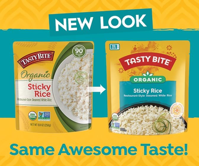 Tasty Bite Organic Sticky Rice ready-to-serve bowl demonstrating convenient sides.