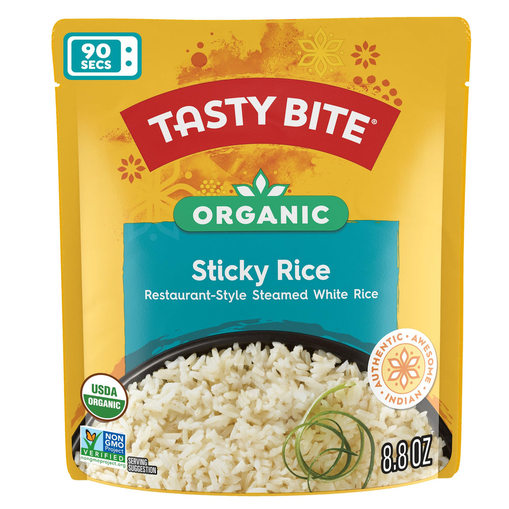 Tasty Bite Organic Sticky Rice steamed grain closeup showing restaurant-style texture.