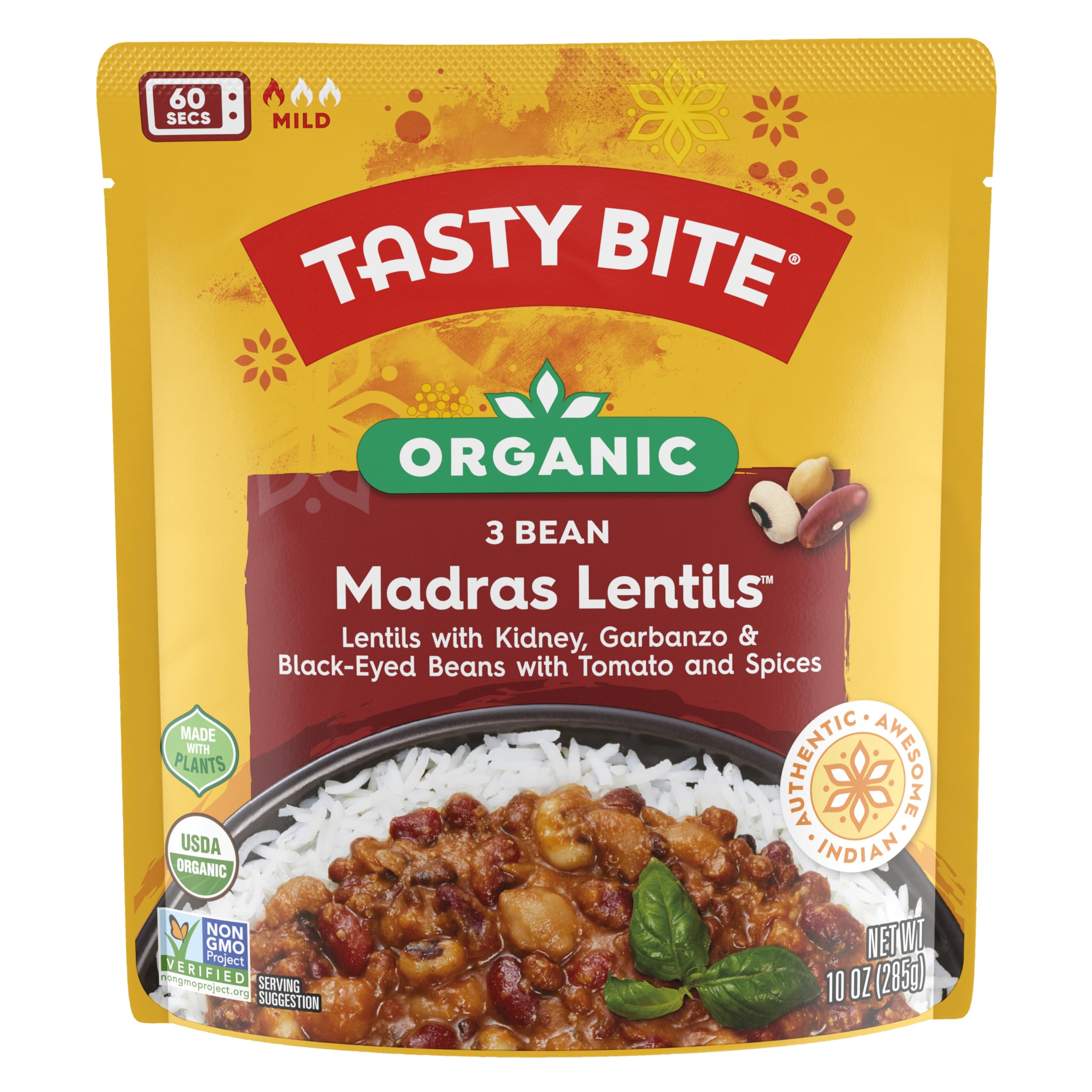 TASTY BITE Organic Three Bean Madras Lentils can front, ideal for quick weeknight meals.