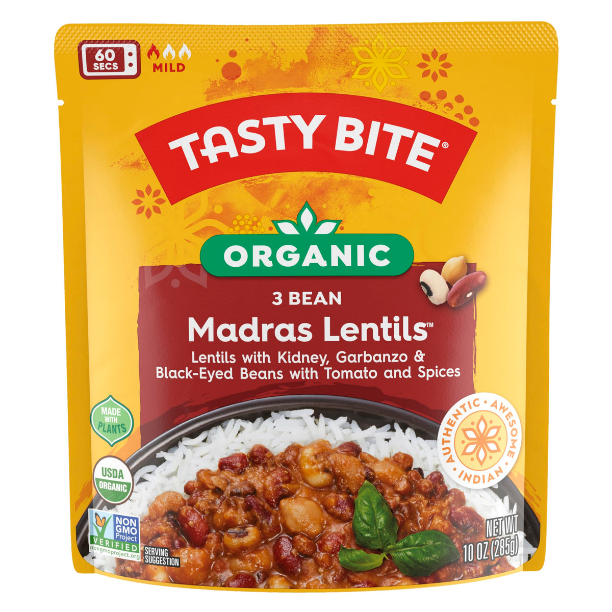 TASTY BITE Organic Three Bean Madras Lentils can front, ideal for quick weeknight meals.