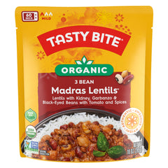 TASTY BITE Organic Three Bean Madras Lentils can front, ideal for quick weeknight meals.
