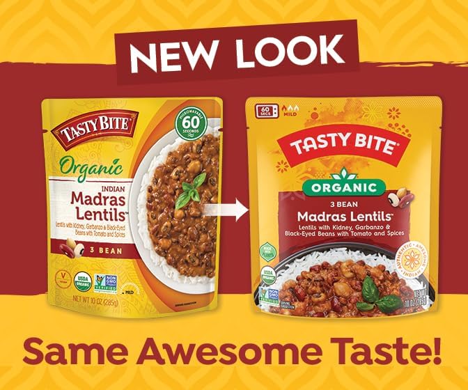 TASTY BITE Organic Three Bean Madras Lentils served in a bowl, ready to enjoy.