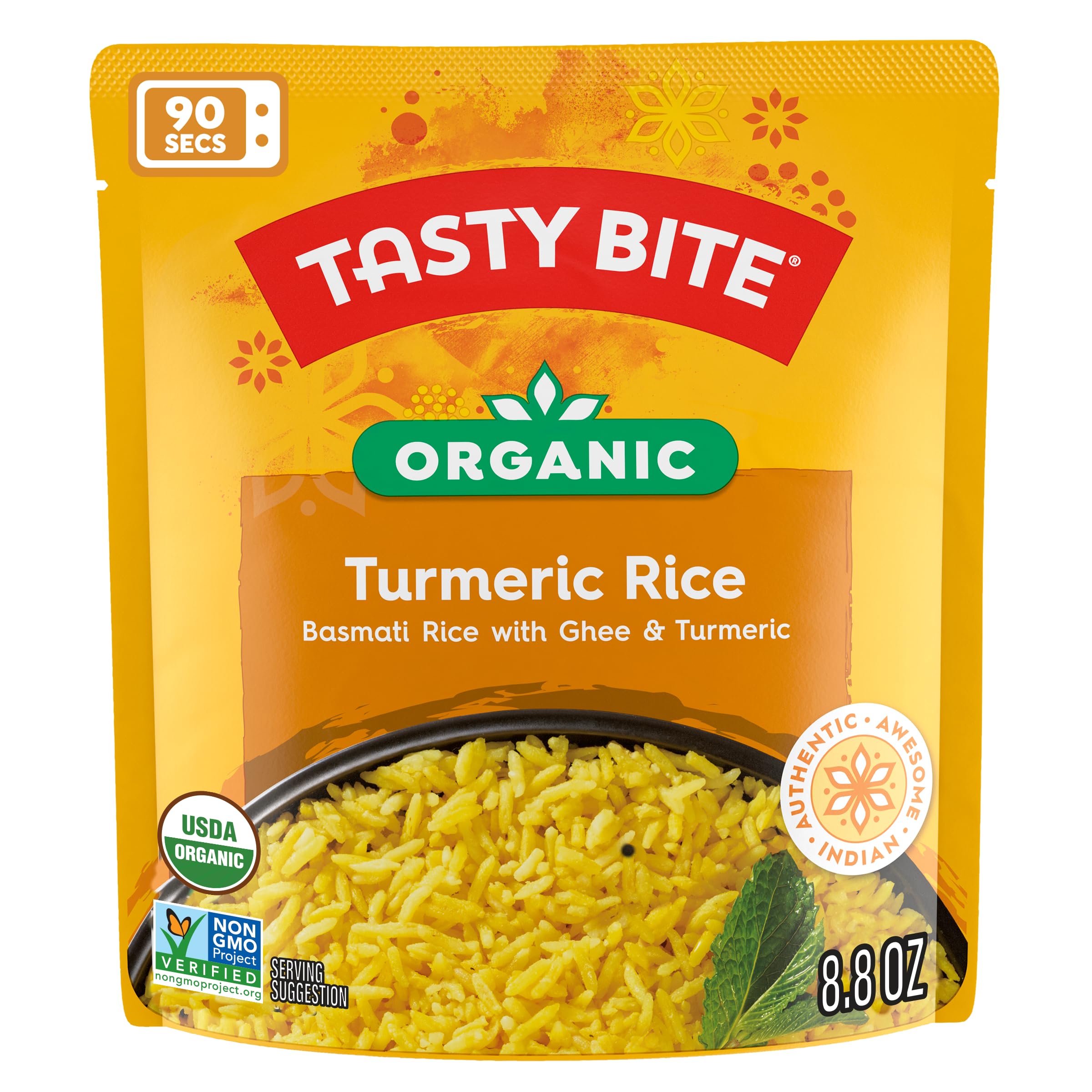 Tasty Bite Organic Turmeric Rice microwave-ready pouch for quick, comforting meals.