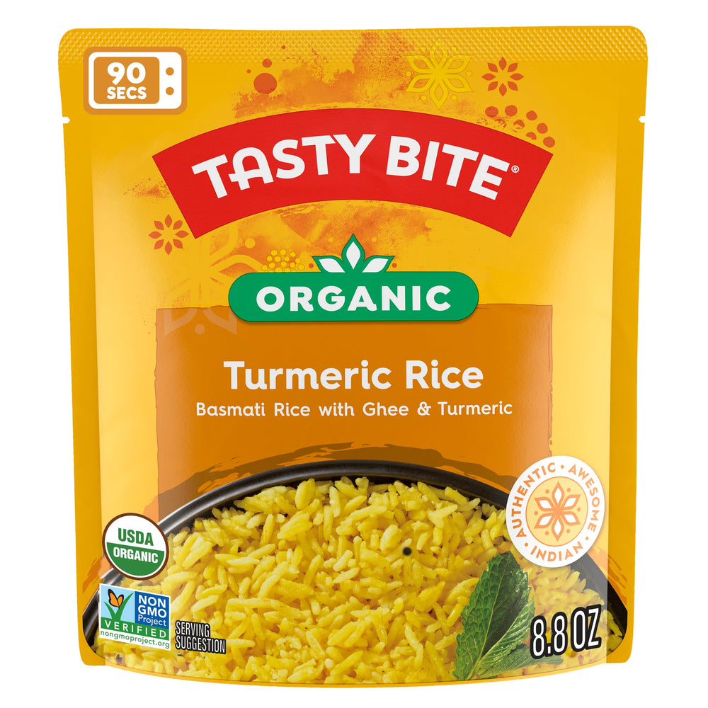 Tasty Bite Organic Turmeric Rice microwave-ready pouch for quick, comforting meals.