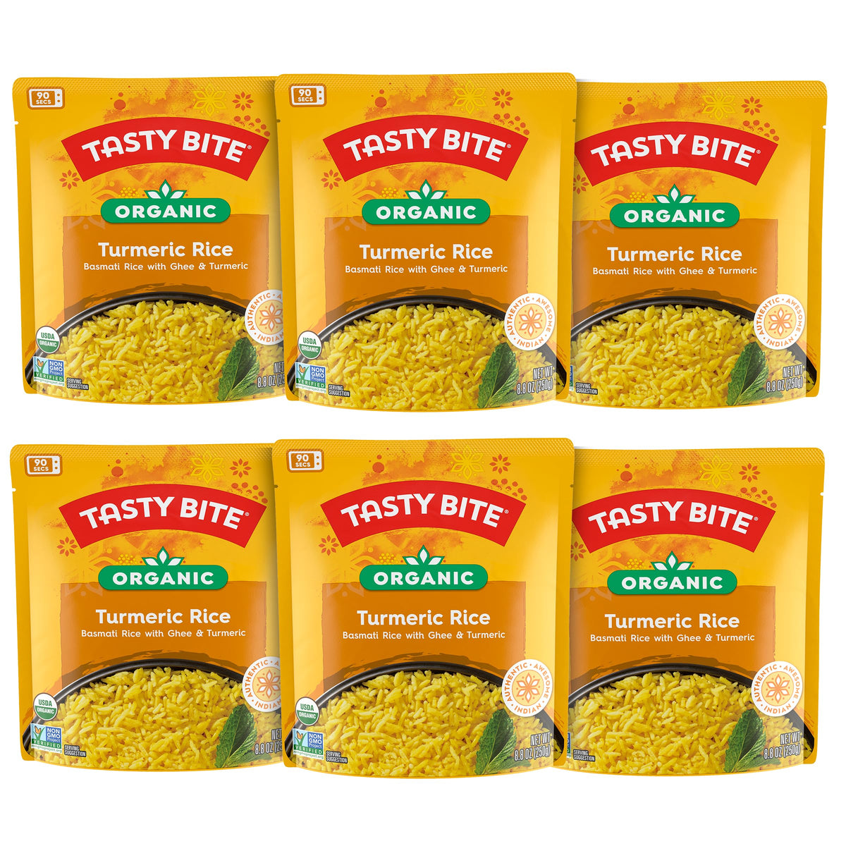 Tasty Bite Organic Turmeric Rice pack front, six-pack, ready-to-heat convenience for meals.