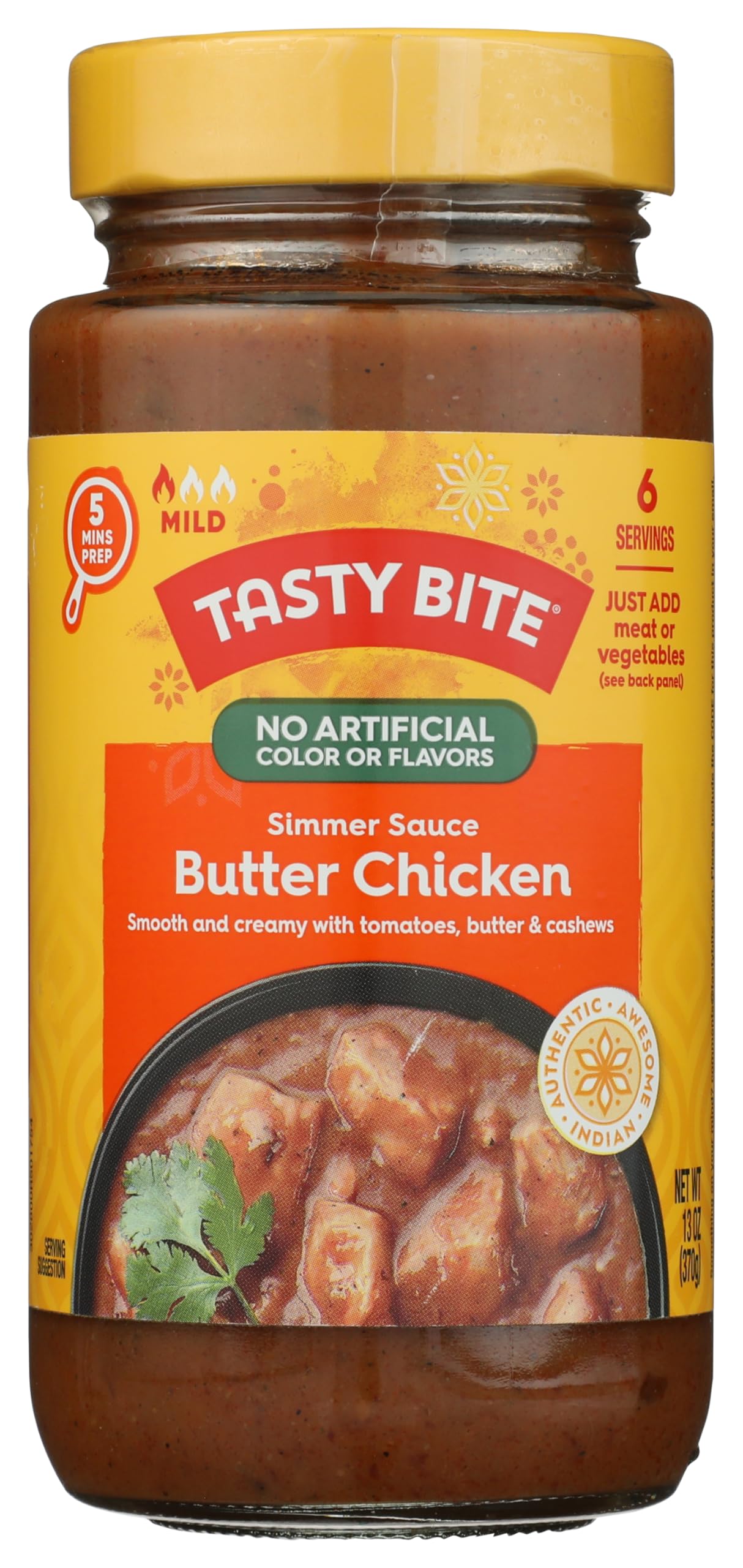 Tasty Bite SMR Butter Chicken jar on kitchen counter for quick weeknight meals.
