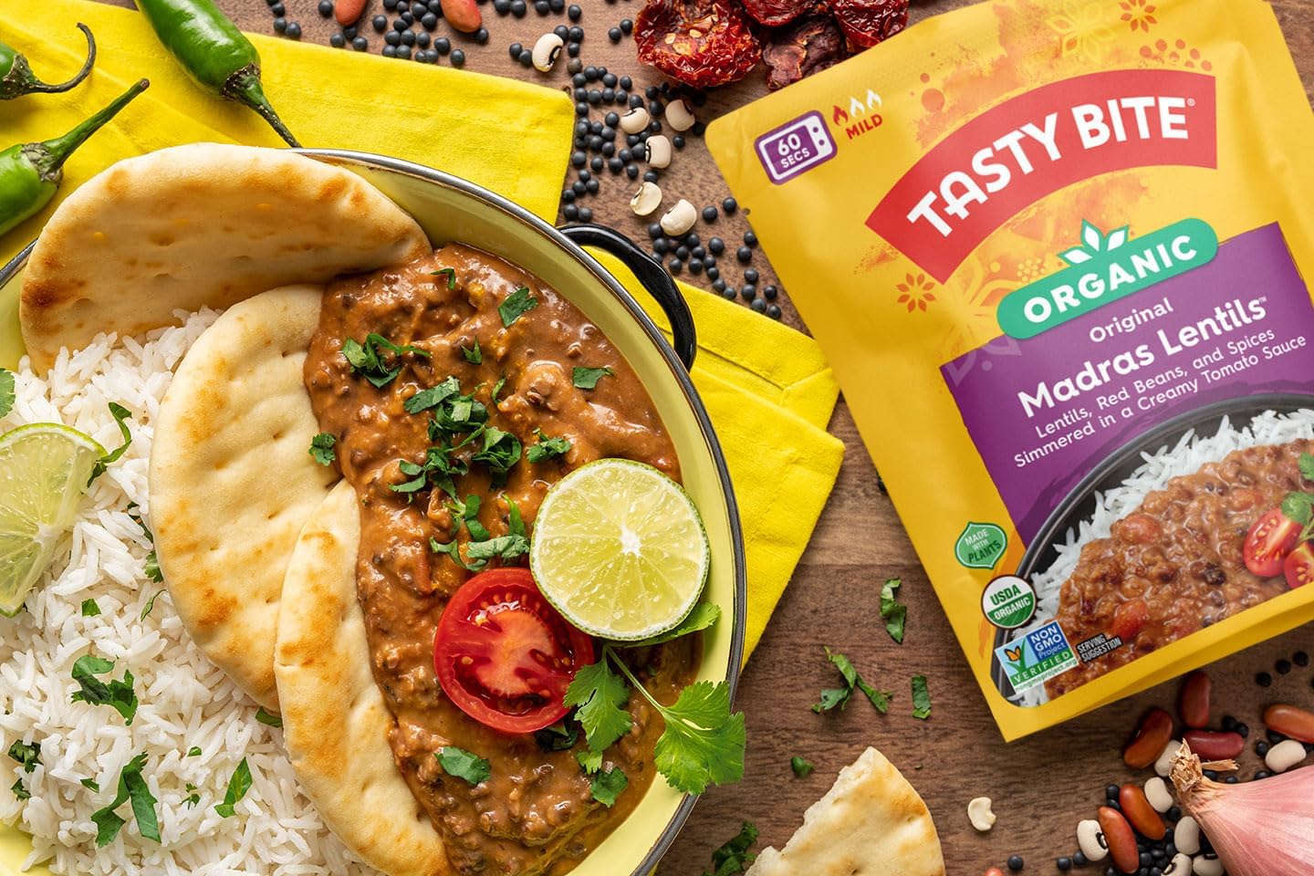 Tasty Bite 3bean Madras Lentils image: protein-packed vegan entrée for meals.