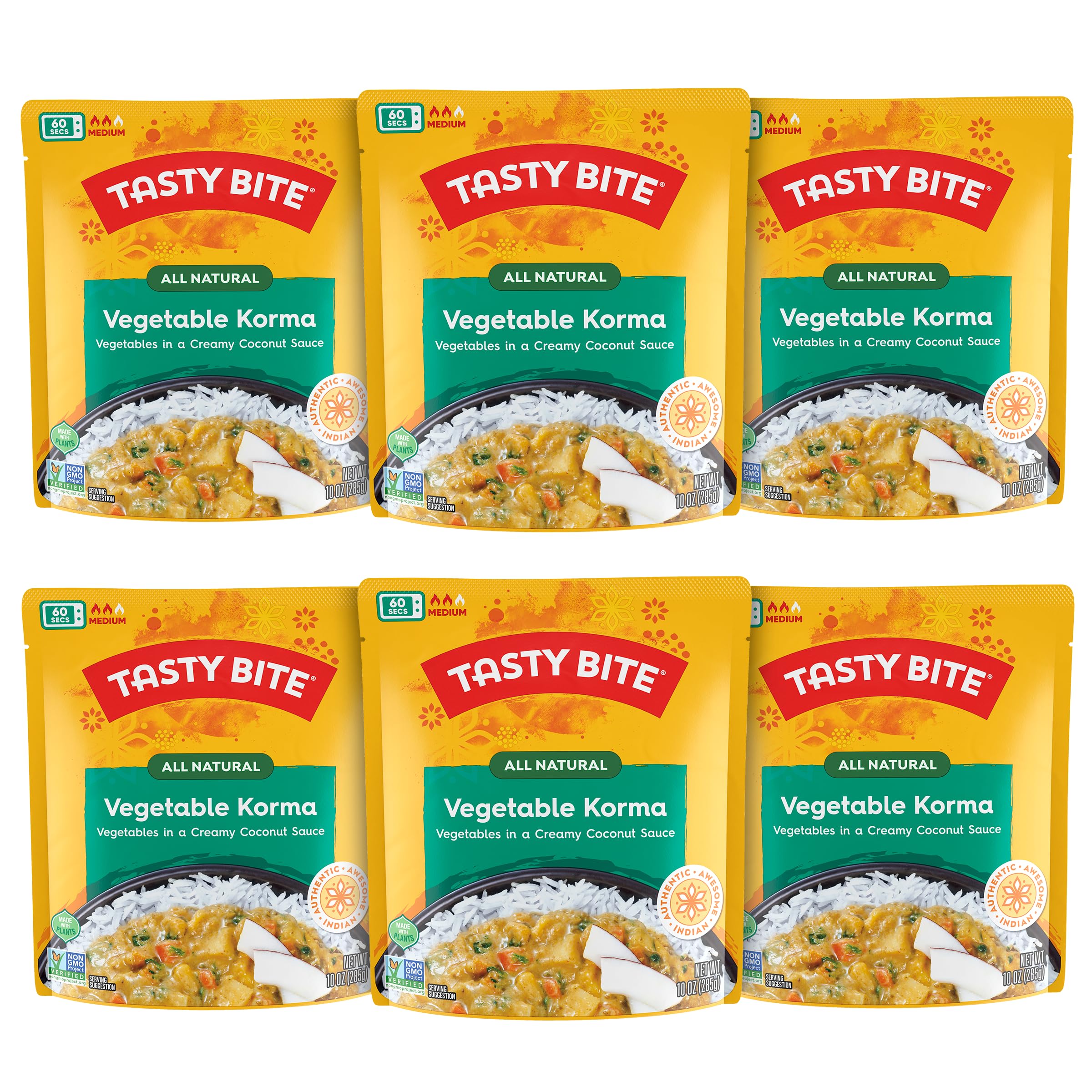 Tasty Bite Vegetable Korma pack; six microwavable entrées for quick meals.