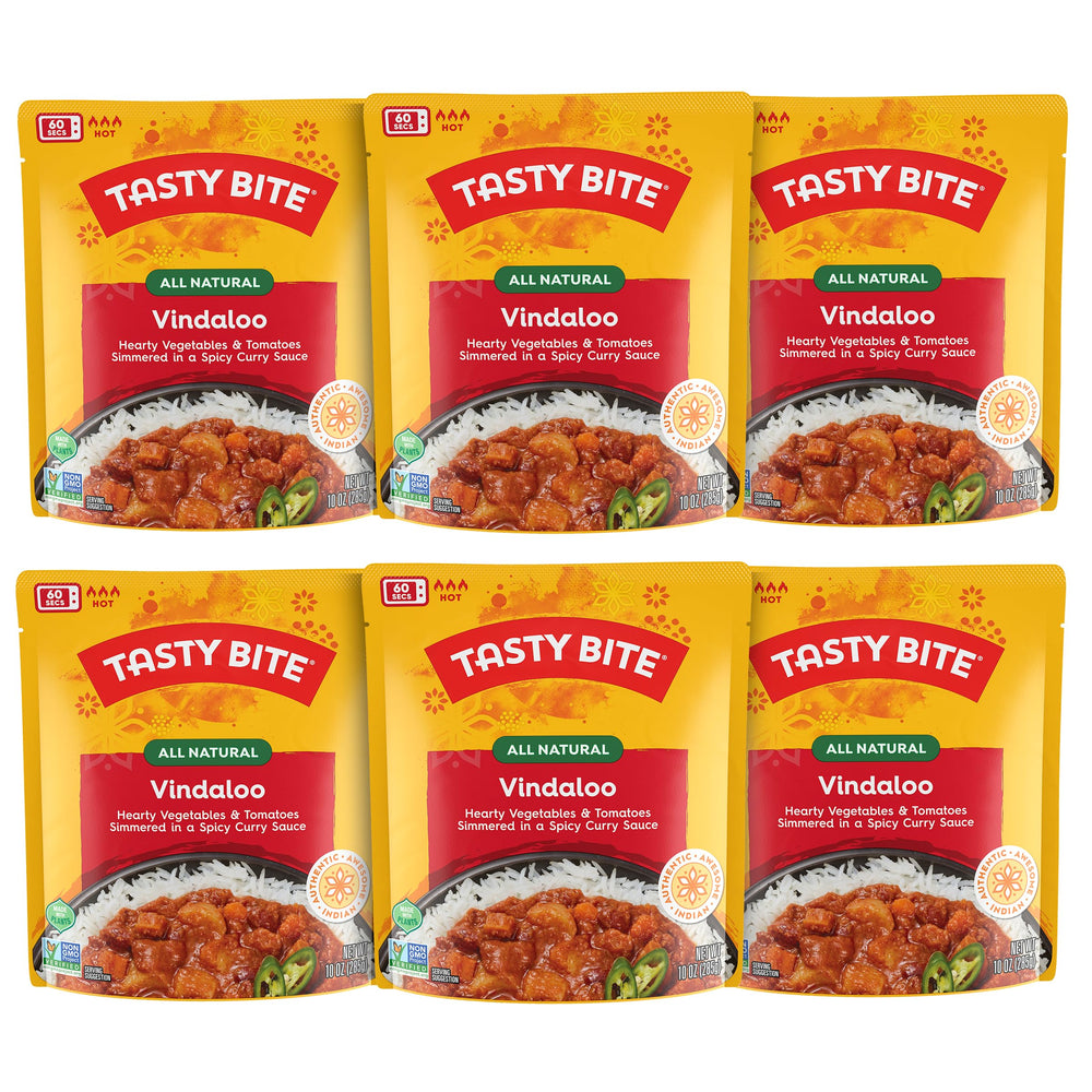 Tasty Bite Vindaloo 6-pack box shows convenient ready-to-eat meals for busy evenings