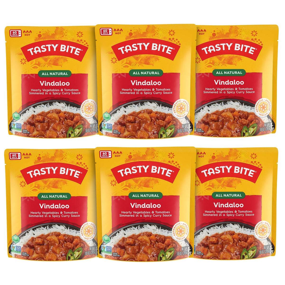 Tasty Bite Vindaloo 6-pack box shows convenient ready-to-eat meals for busy evenings