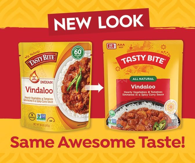 Tasty Bite Vindaloo vegetable chunks closeup showcase vibrant textures