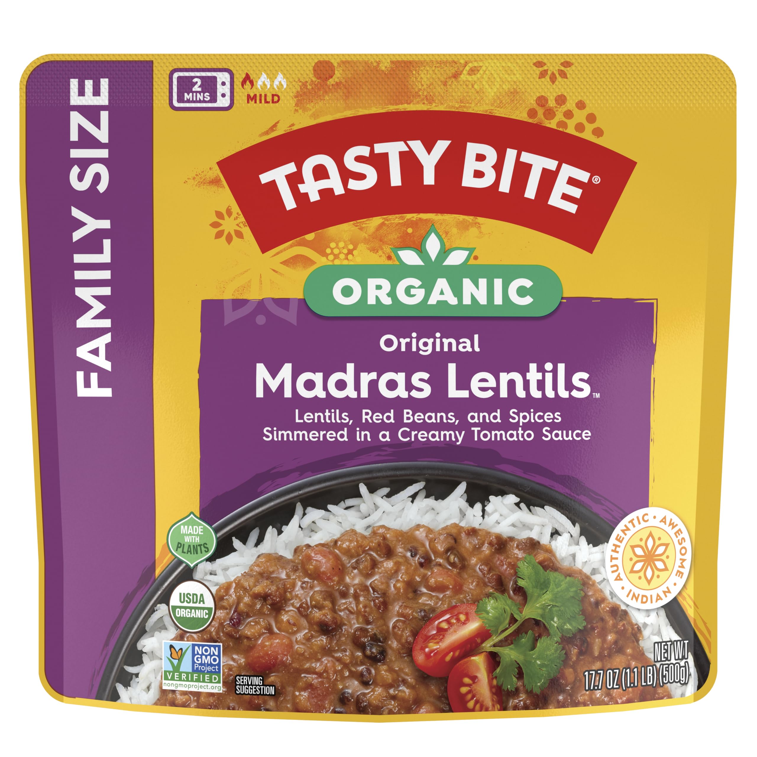TASTYBITE Madras Lentils family-size package shows premium ingredients for easy weeknight meals