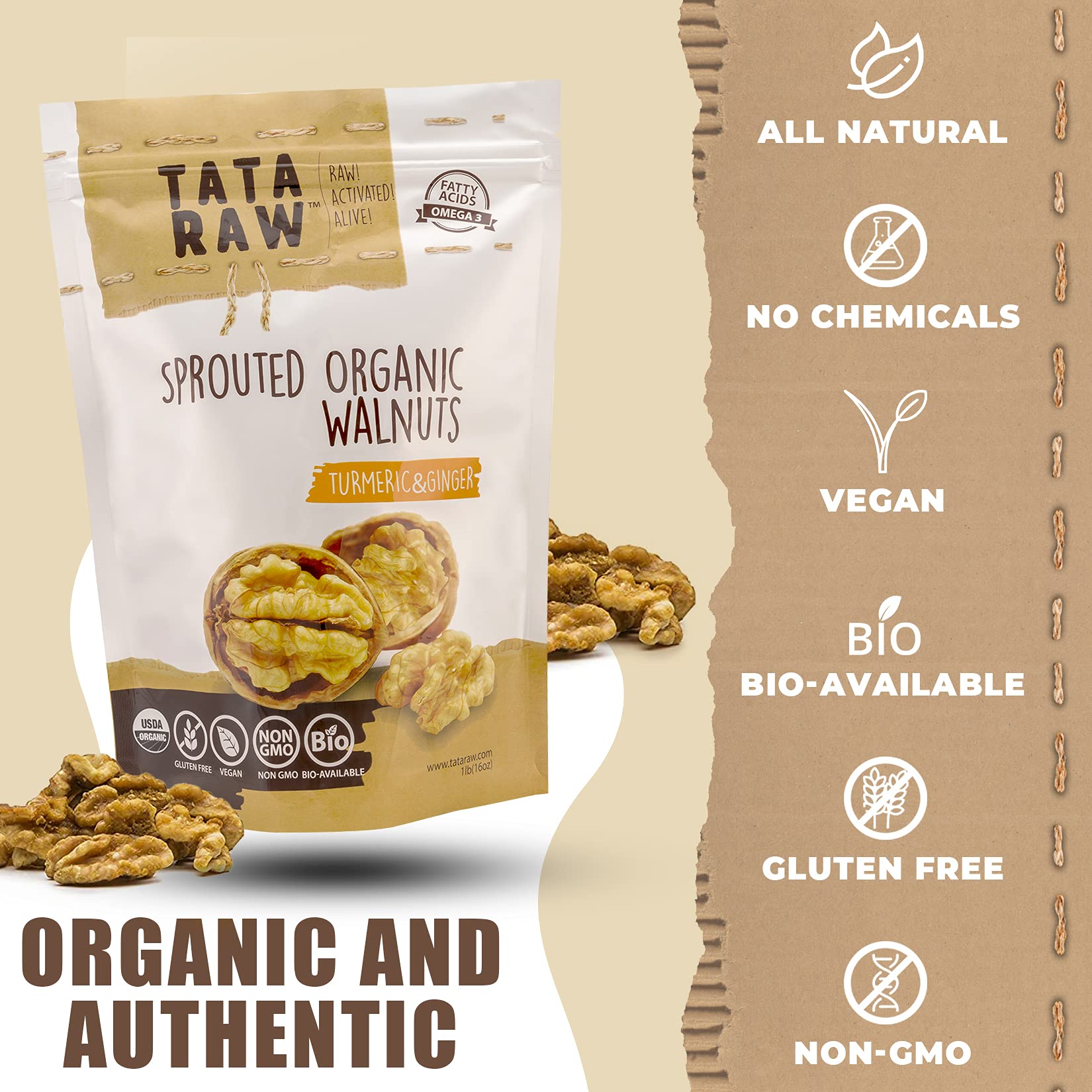 TATA RAW gluten-free packaging label communicates wholesome ingredients