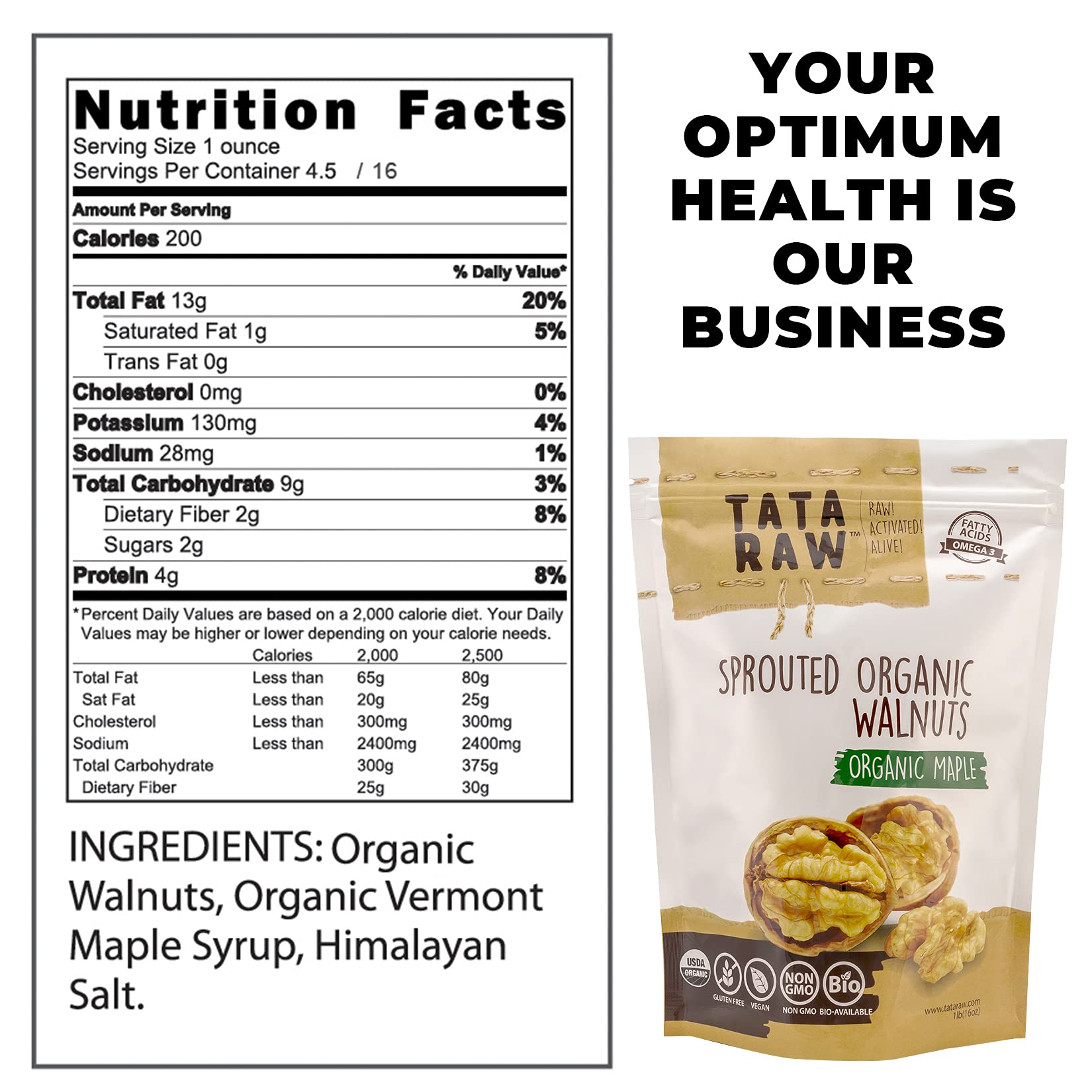 TATA RAW organic maple syrup walnuts: glossy glaze on sprouted nuts for a flavorful snack.