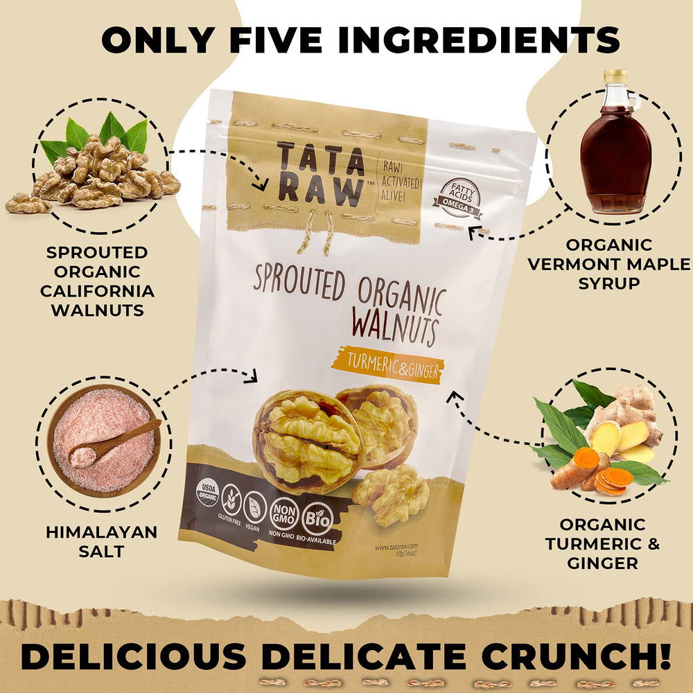 TATA RAW sprouted maple walnuts close-up shows sprout texture and golden hue