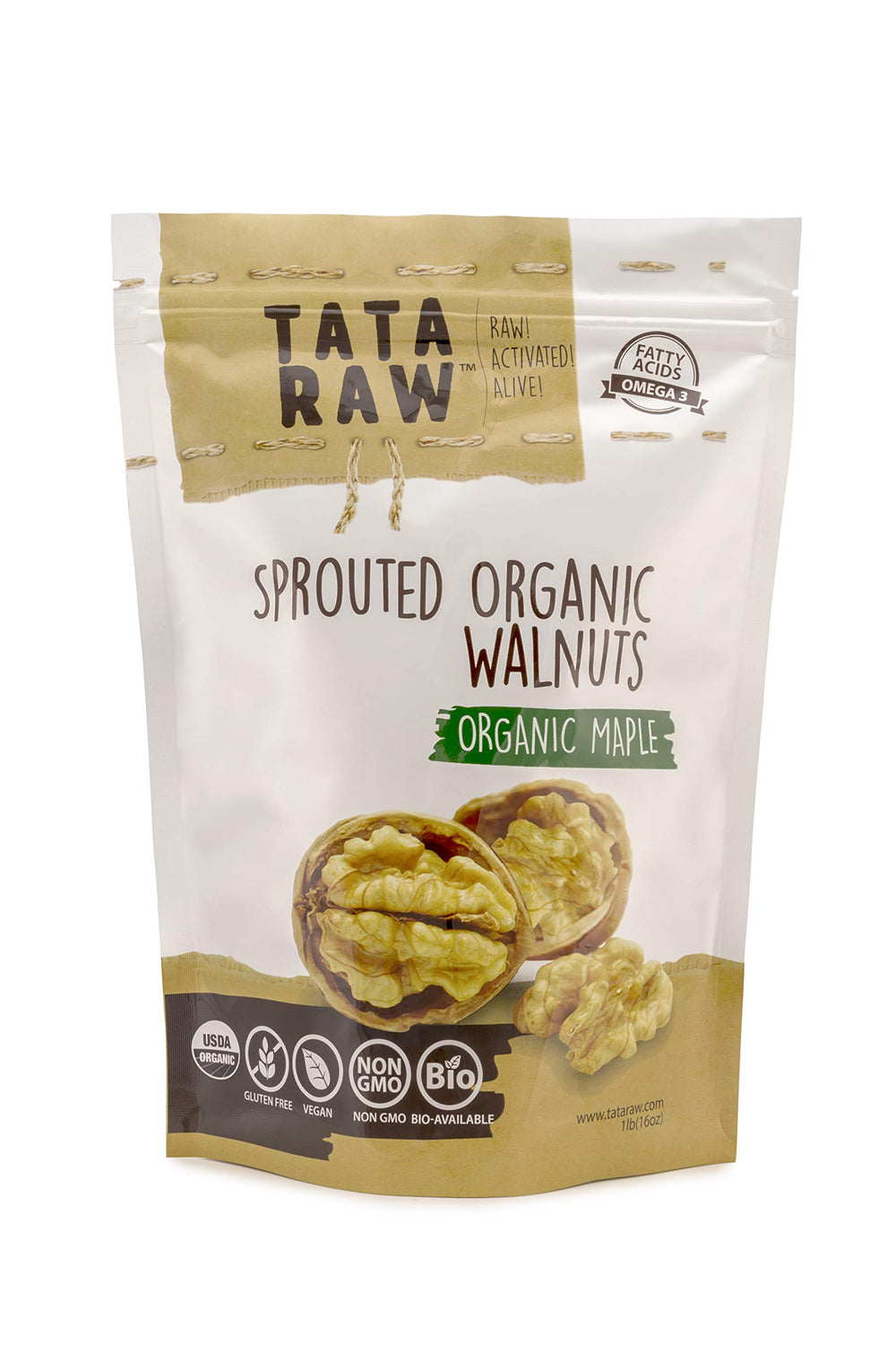 TATA RAW sprouted maple walnuts: close-up nutrient-dense snack for brain and heart support.