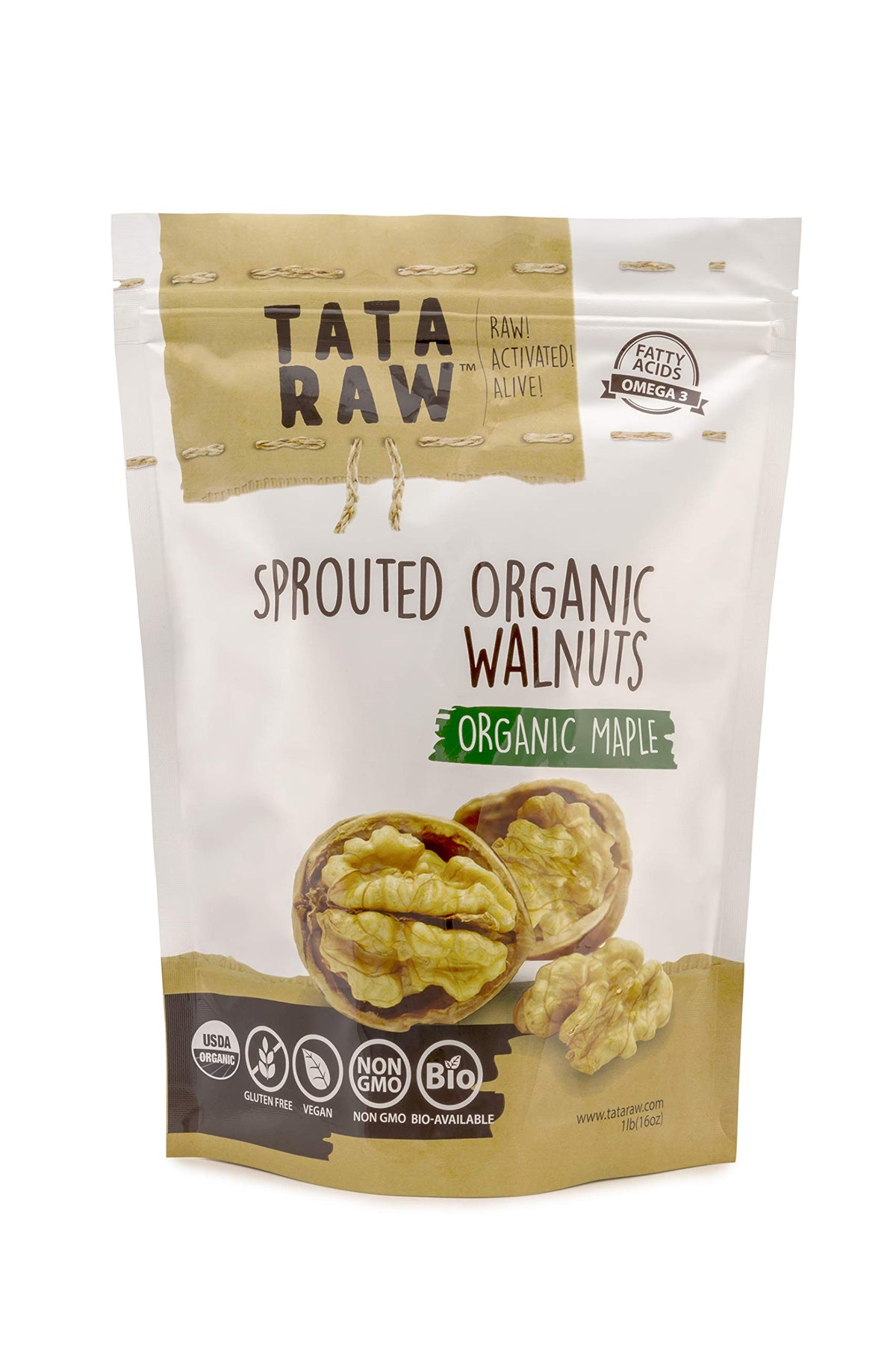 TATA RAW sprouted maple walnuts: close-up nutrient-dense snack for brain and heart support.