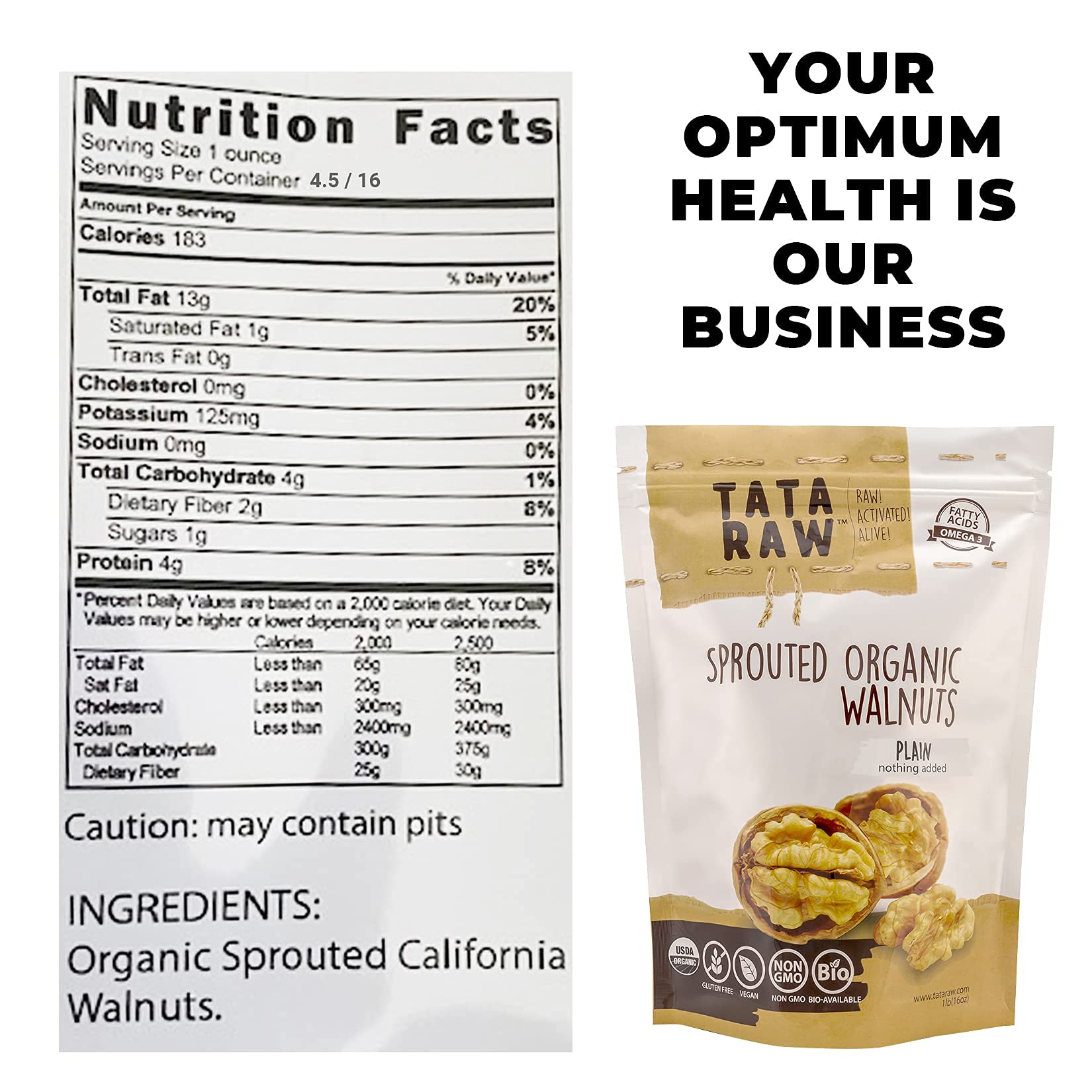 TATA RAW Sprouted Walnuts bag back view with nutrition and packaging details