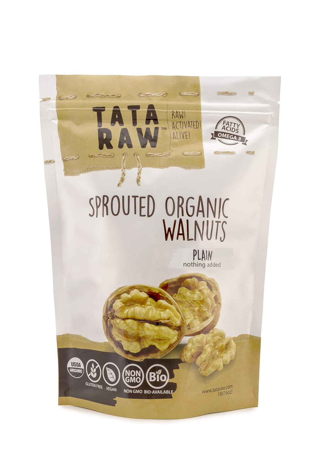 TATA RAW Sprouted Walnuts bag front view showing plain additive-free snack option