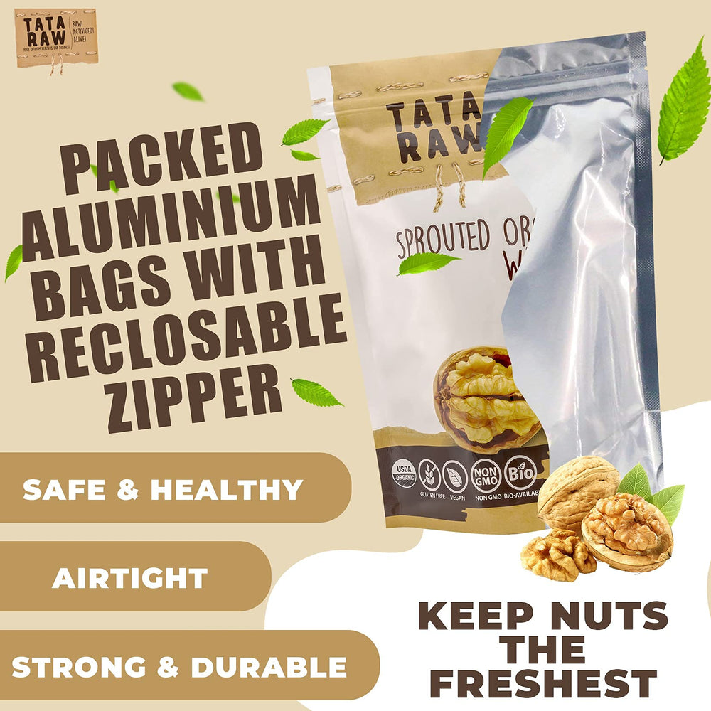 TATA RAW Sprouted Walnuts handful demonstrates grab-and-go snacking