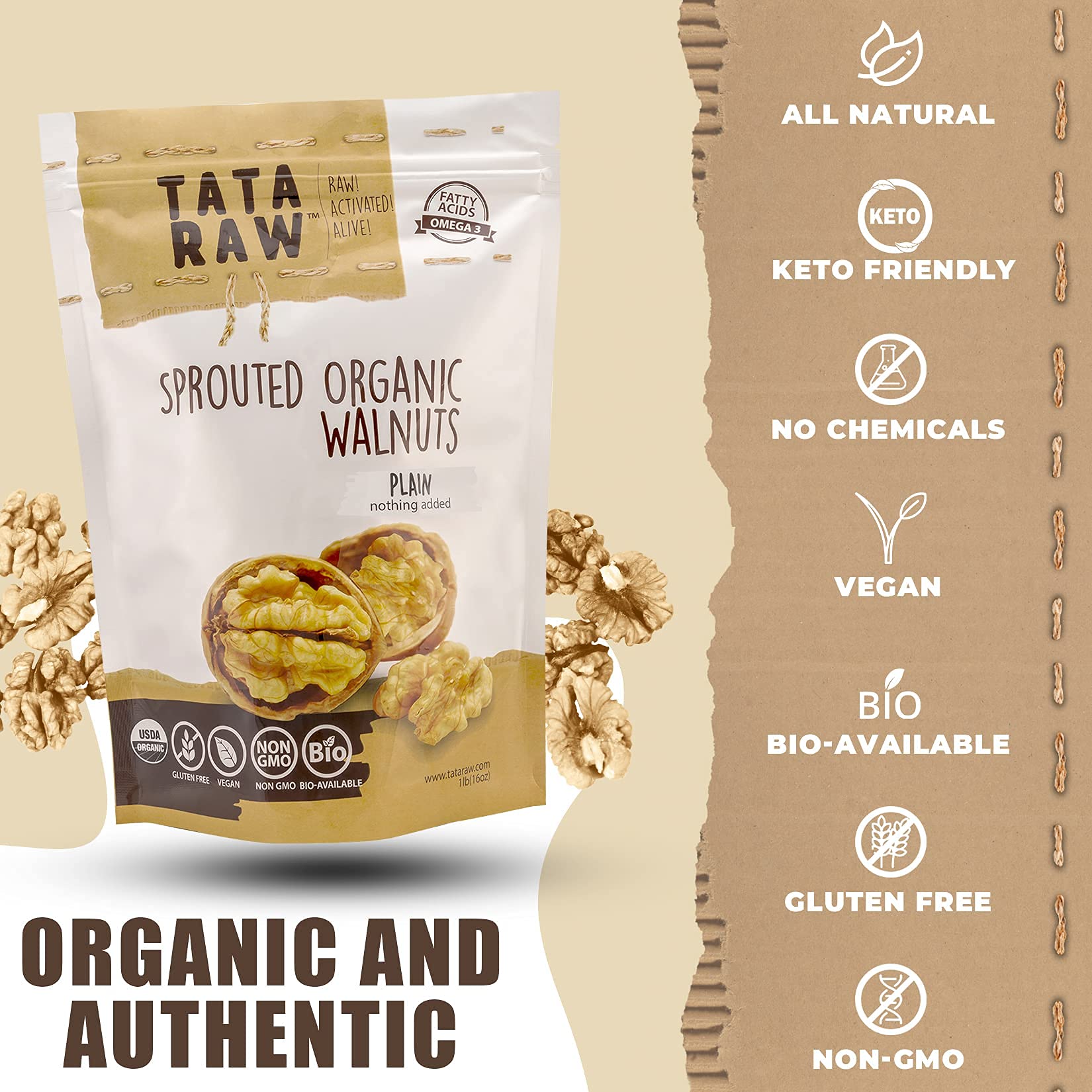 TATA RAW Sprouted Walnuts packaging 1lb size for personal use