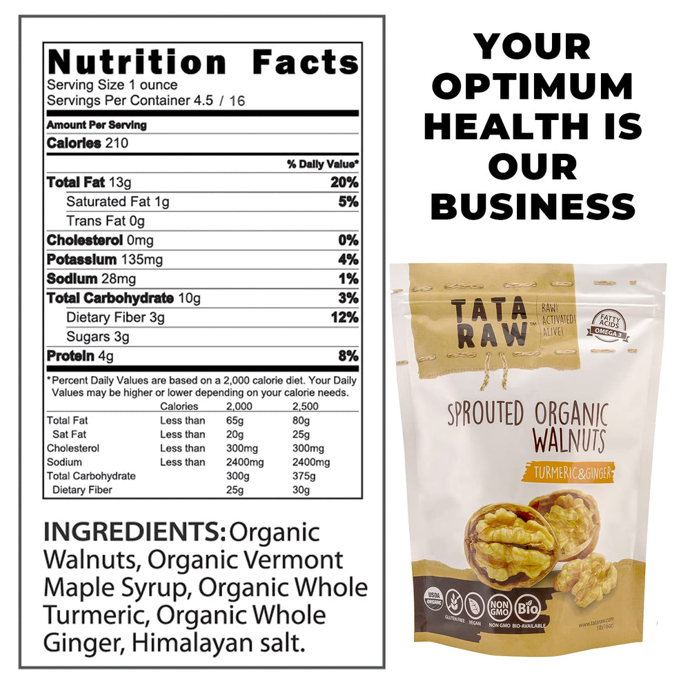 TATA RAW turmeric ginger flavor walnuts 1lb bag offers warm spice and wholesome snacking
