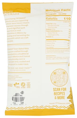 Tatemada Organic Yellow Maize Totopos ingredients label shows nixtamalized corn and no frying.
