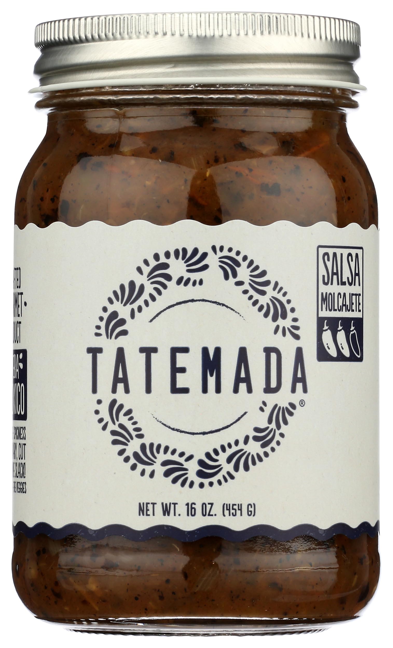 Tatemada Salsa Molcajete 16oz bottle front displaying premium, versatile dip for gatherings.