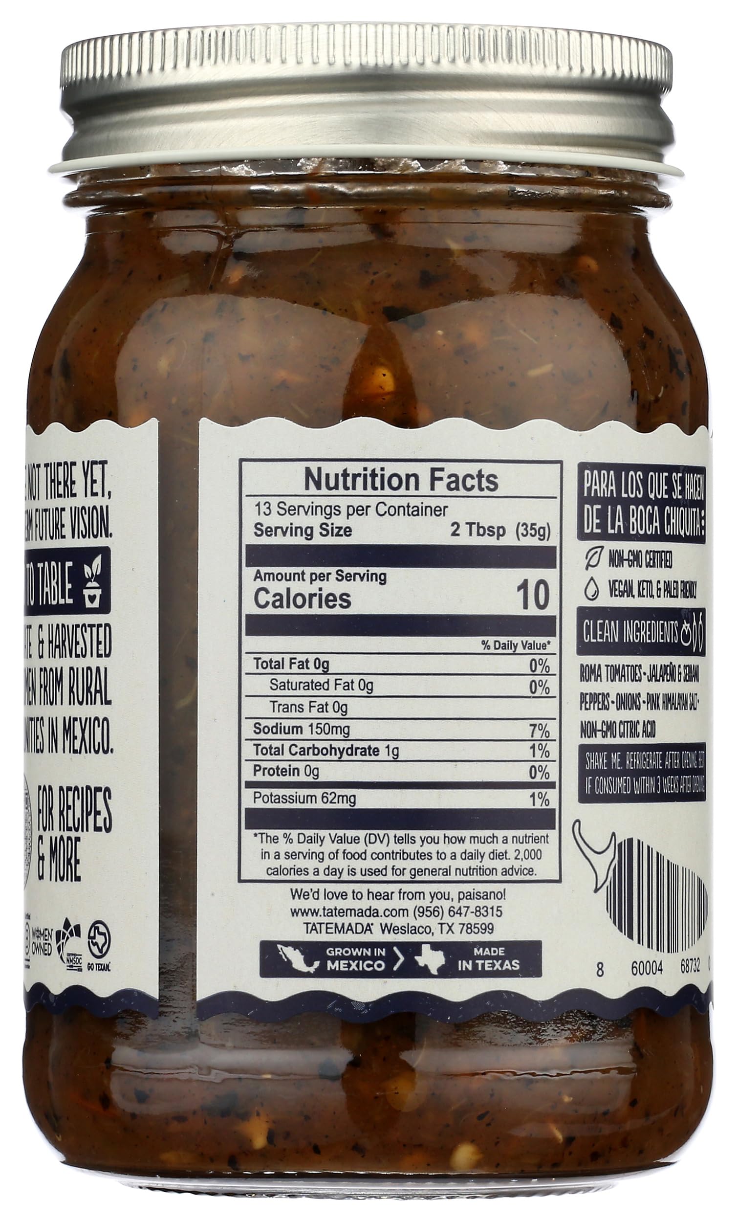Tatemada Salsa Molcajete close-up jar label highlighting quality ingredients and authentic flavor.