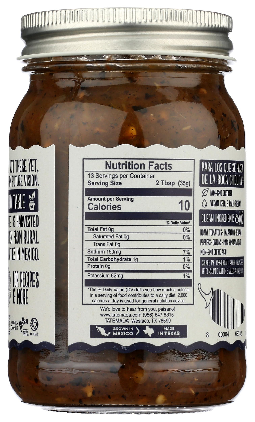 Tatemada Salsa Molcajete close-up jar label highlighting quality ingredients and authentic flavor.
