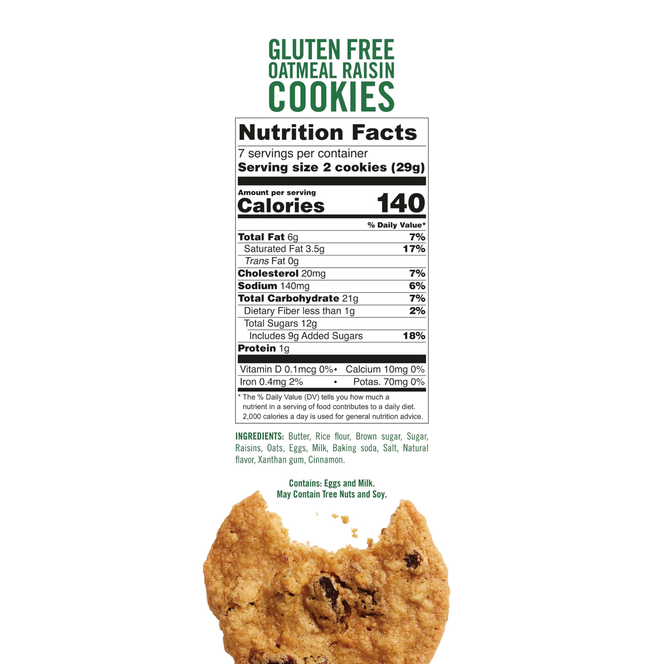 Close-up of Tate's gluten-free oatmeal raisin cookies highlighting crispy edges and raisins