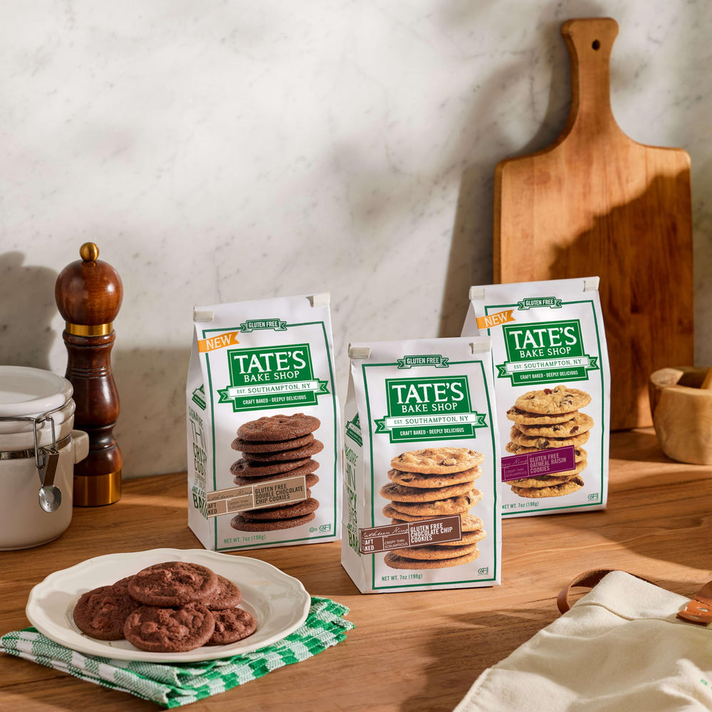 Easter basket addition featuring Tate's gluten free oatmeal raisin cookies