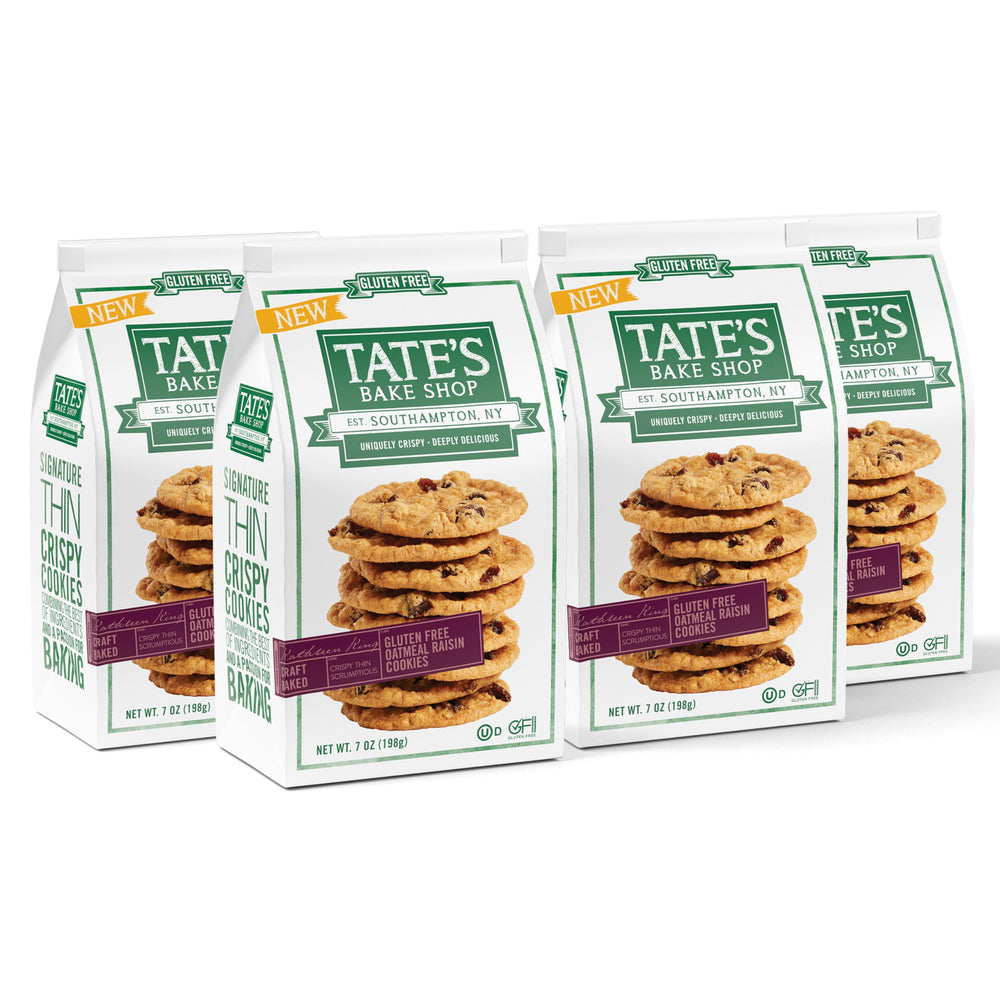 Tate's Bake Shop gluten free oatmeal raisin cookies packaging showing four resealable bags for freshness