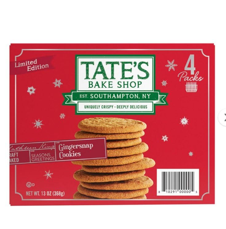 Tate's Bake Shop holiday gingersnaps box front, festive red packaging ideal for gifting