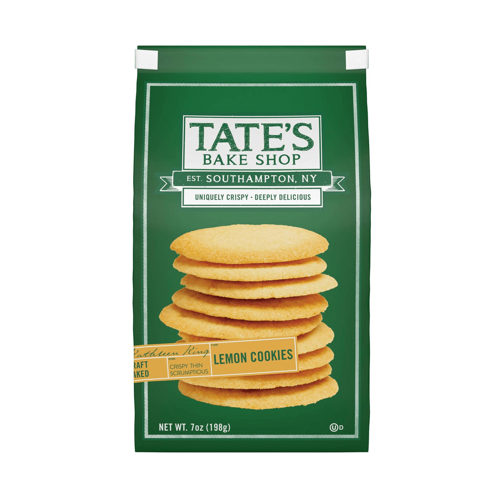 Tate's Bake Shop Lemon Cookies bag close-up reveals crisp lemony cookies