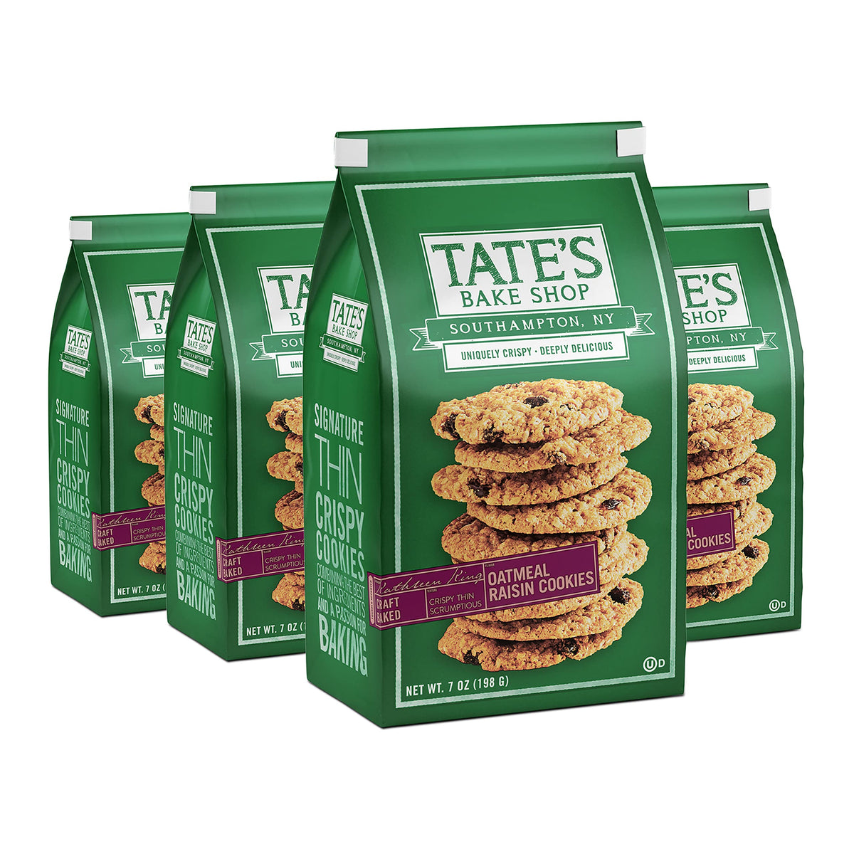 Tate's Bake Shop Oatmeal Raisin Cookies in a bag front for snacking