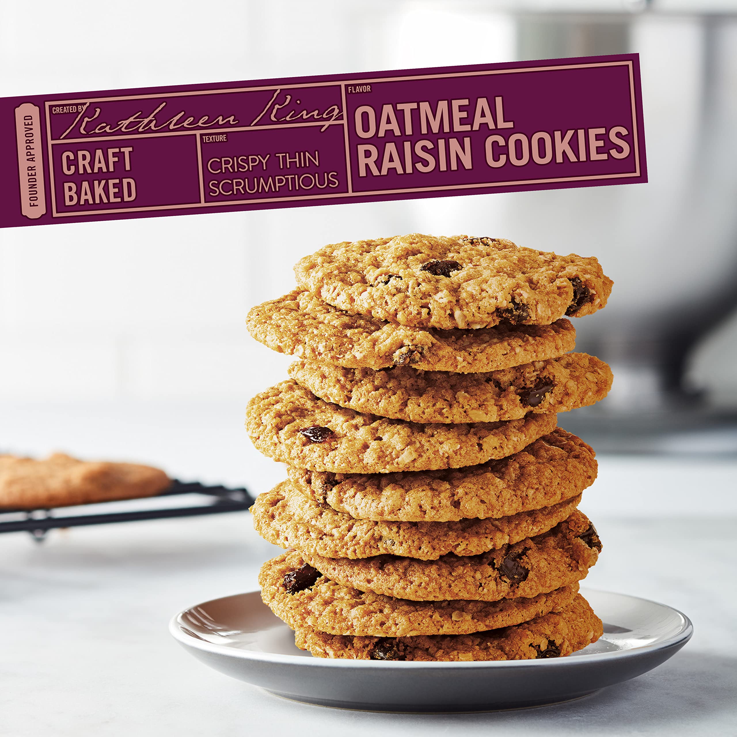 Tate's Oatmeal Raisin Cookies on a plate, thin crispy texture evident.