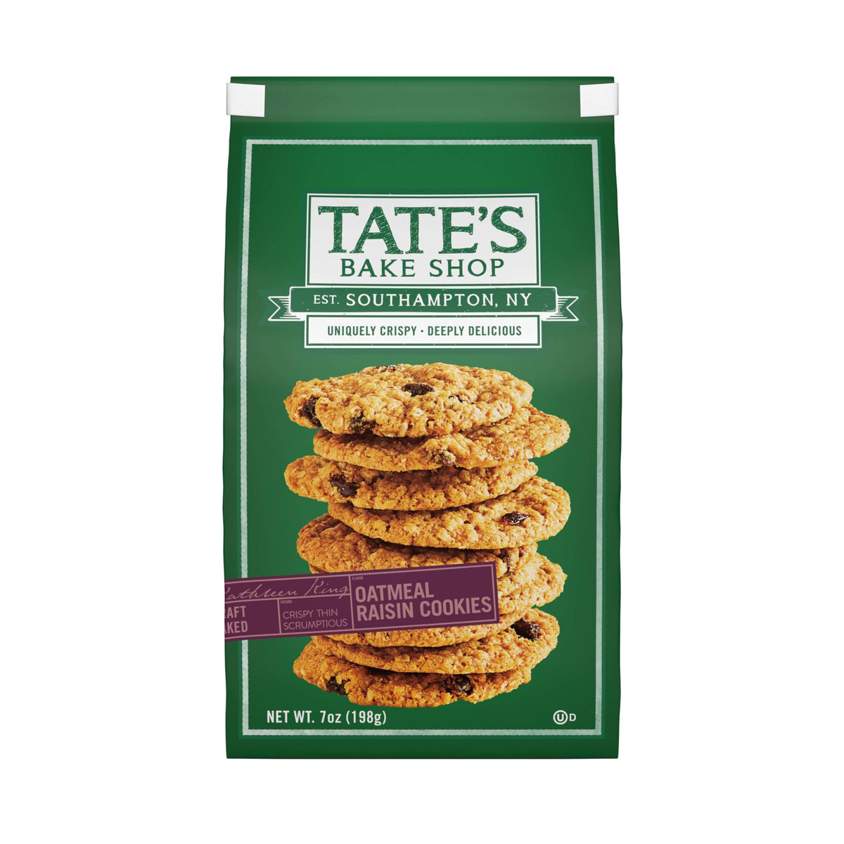 Tate's Bake Shop Oatmeal Raisin Cookies packaging closeup, resealable bag for freshness.