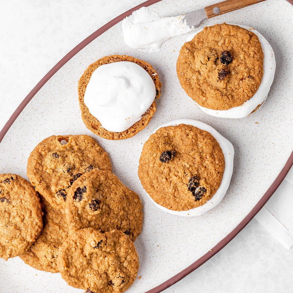 Gift-ready Tate's Oatmeal Raisin Cookies packaging for sharing.