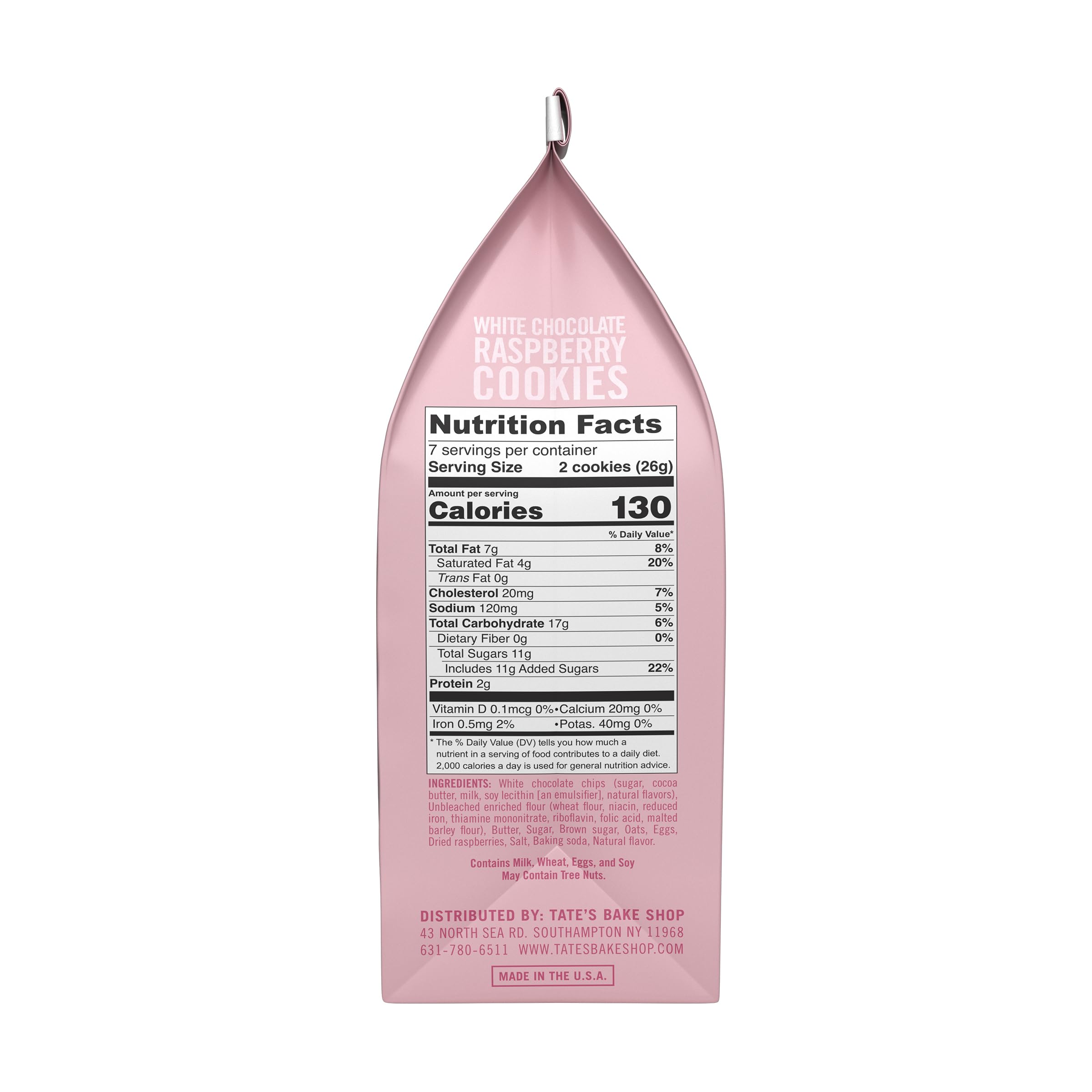 Tate's White Chocolate Raspberry Cookies close-up with raspberry bits and melt-in-mouth texture.