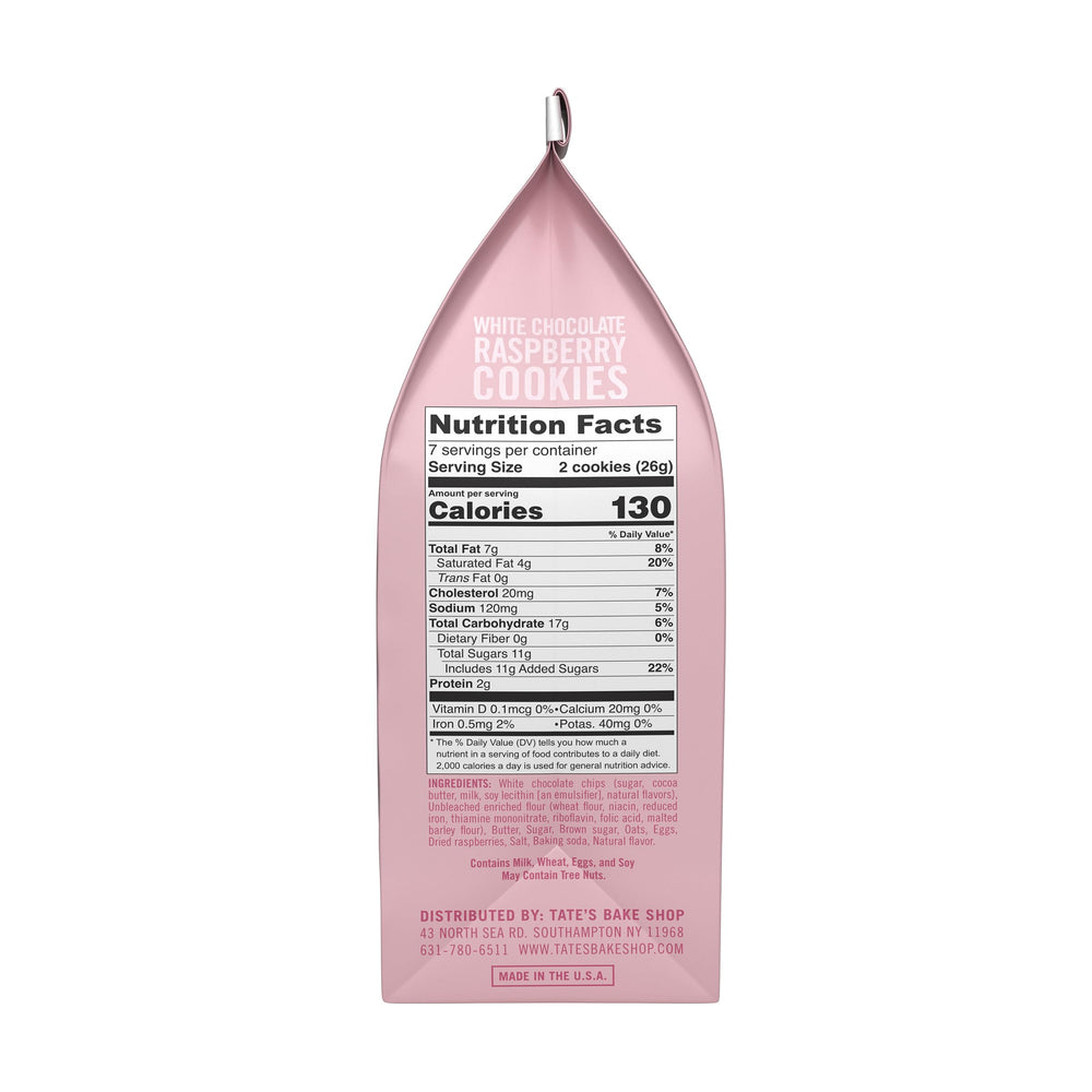 Tate's White Chocolate Raspberry Cookies close-up with raspberry bits and melt-in-mouth texture.
