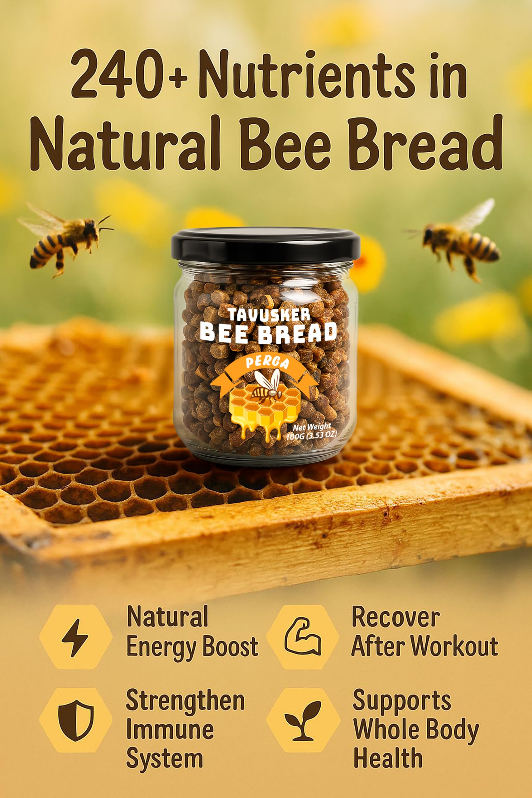 Tavusker Bee Bread blended into smoothie demonstrates easy meal integration.