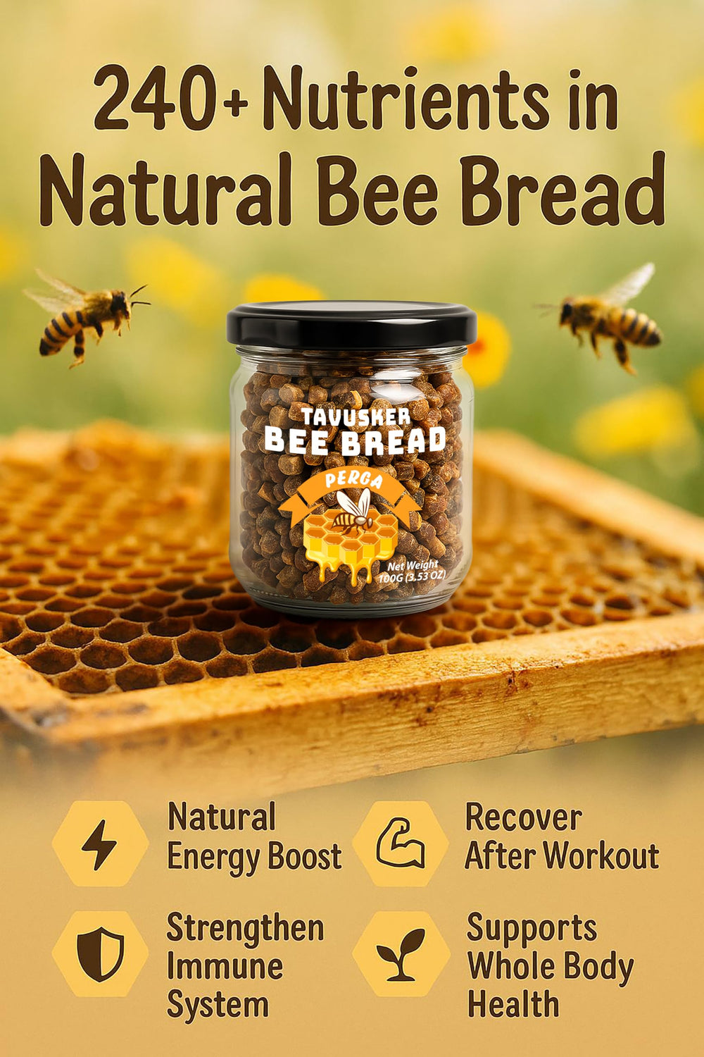 Tavusker Bee Bread blended into smoothie demonstrates easy meal integration.