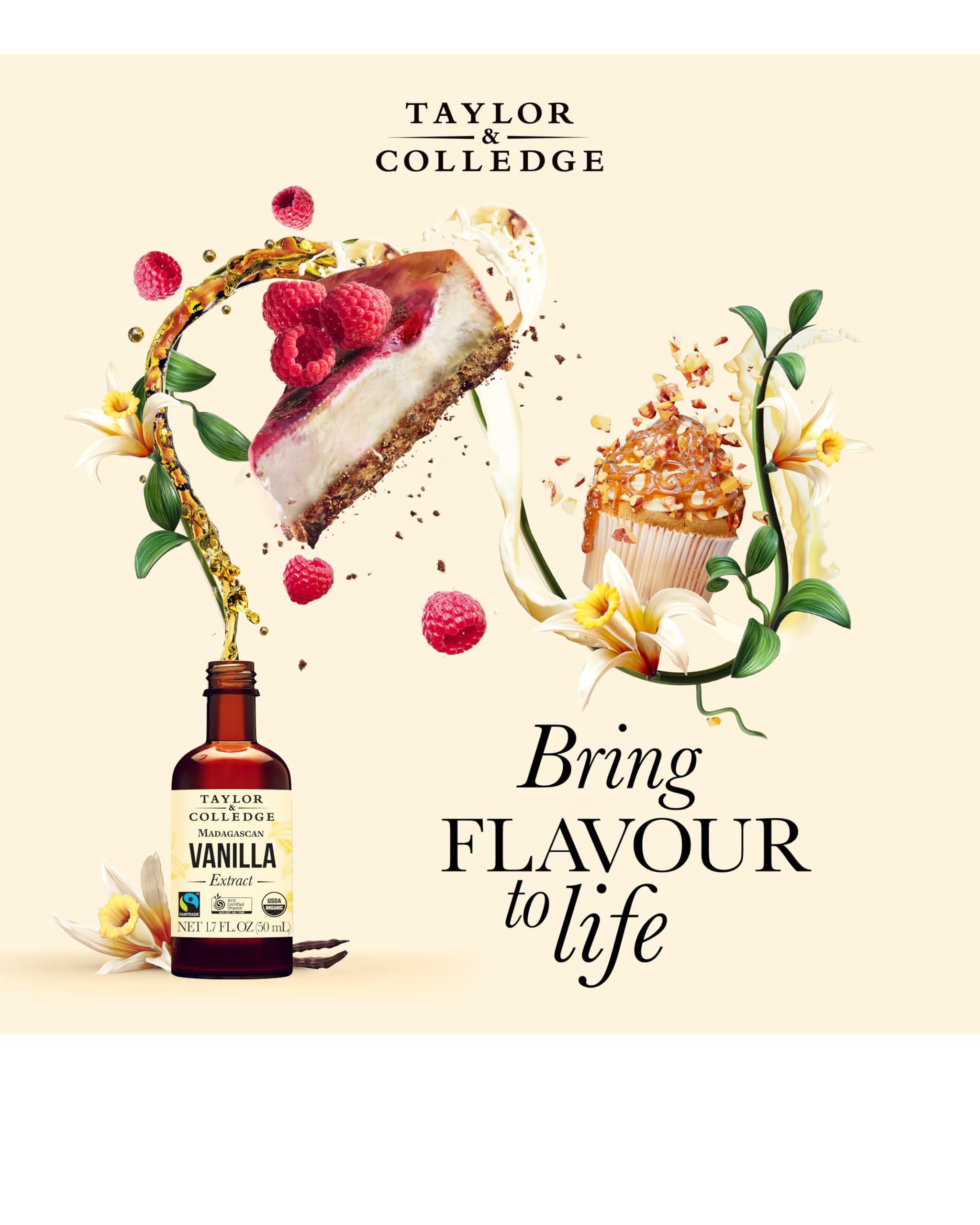 Taylor and Colledge vanilla extract bottle pour highlights versatility for drinks and desserts