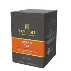 Close-up of Taylors Assam tea bag highlighting rich malt notes.