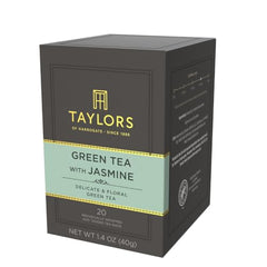 Taylors of Harrogate jasmine green tea packaging closeup highlighting eco credentials.
