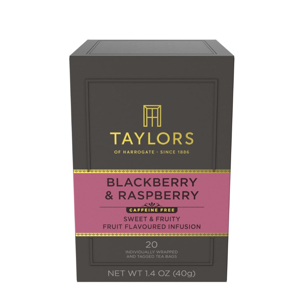 Taylors of Harrogate Blackberry and Raspberry tea bags ready to brew a fruity infusion.