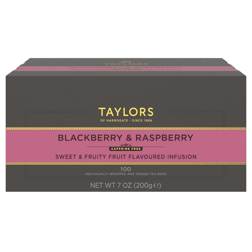Packaging of Taylors of Harrogate Blackberry & Raspberry tea showing a caffeine-free fruity infusion.